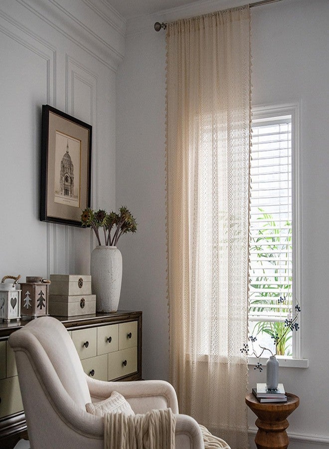 HSOFTIFY Boho Crochet Curtains 2 Panels, 63 inch Long Bohemian Lace Semi-Sheer Curtains & Drapes with Vintage Tassels for Bedroom & Living Room (59" x 63" Beige) - Image 4